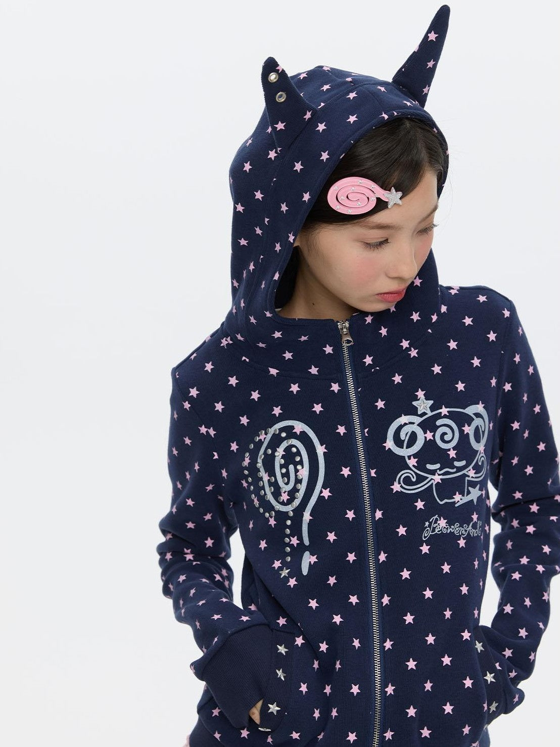 Glitter Little Devil Double Zipper Slim Fit Women's Cotton Blend Zip-up Hoodies