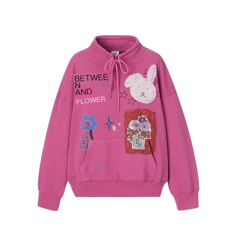 Graffiti Cartoon Rabbit Print Zip Half High Collar Ribbed Women's Cotton Hoodies
