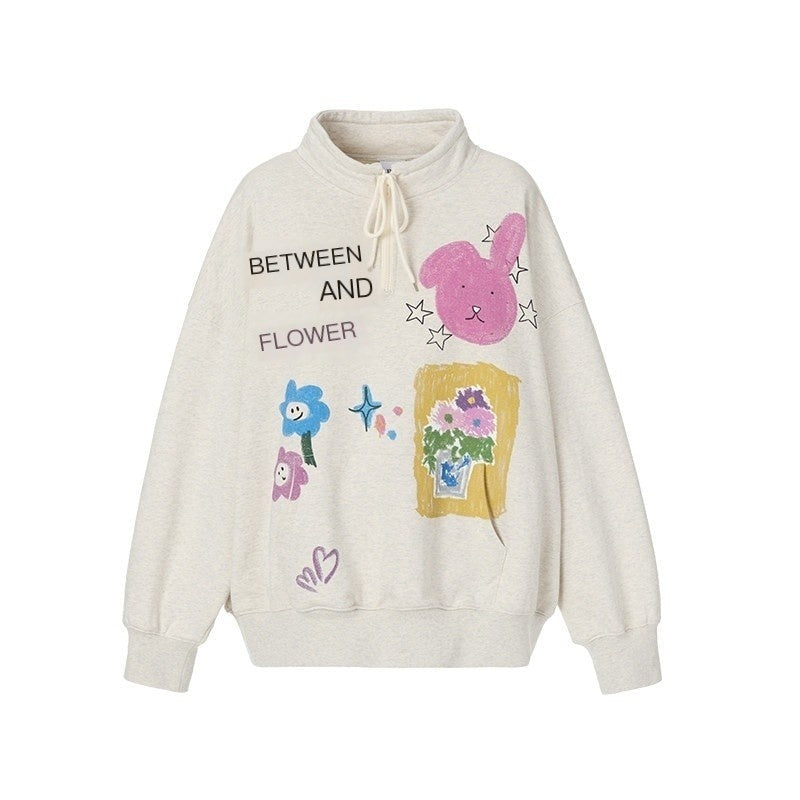 Graffiti Cartoon Rabbit Print Zip Half High Collar Ribbed Women's Cotton Hoodies