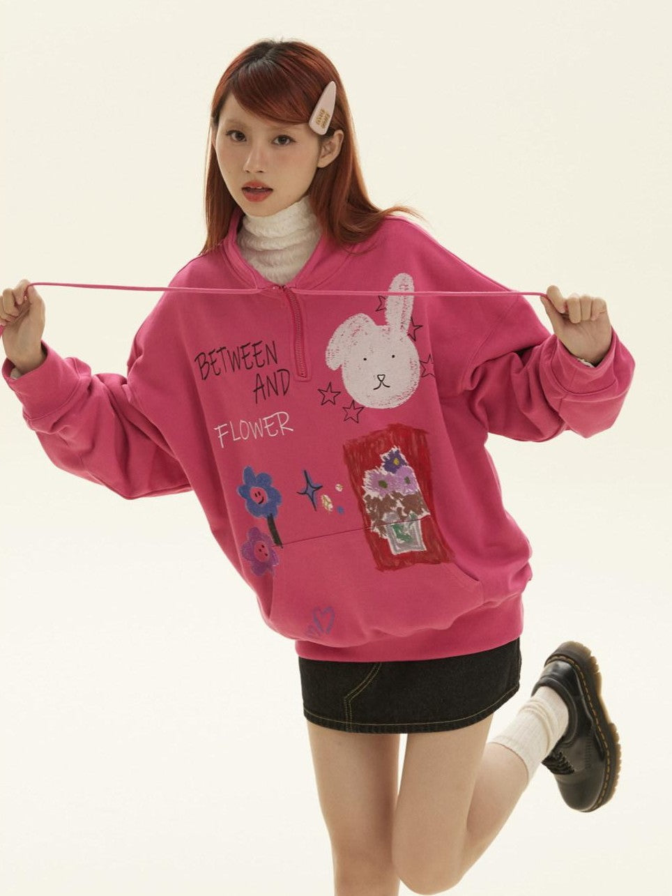 Graffiti Cartoon Rabbit Print Zip Half High Collar Ribbed Women's Cotton Hoodies