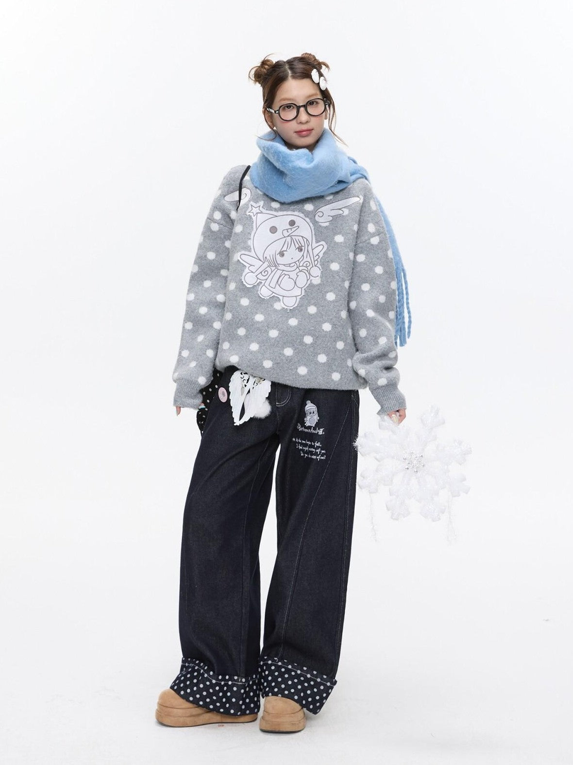 Gray Polka Dot Applique Angel Embroidery Jacquard Women's Sweaters
