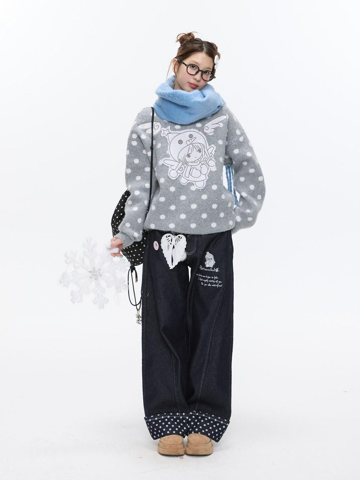Gray Polka Dot Applique Angel Embroidery Jacquard Women's Sweaters