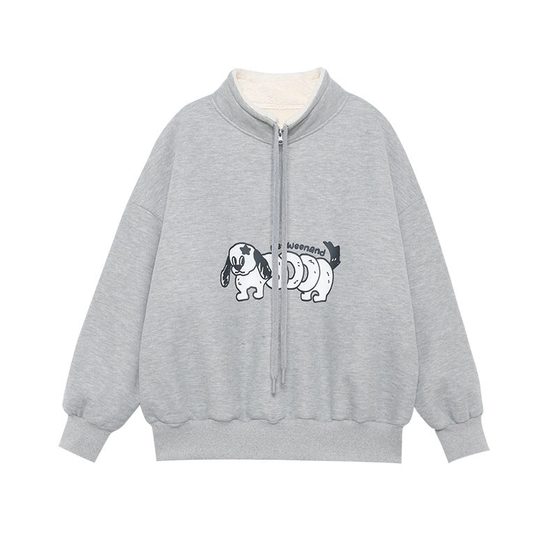 Gray Puppy Print Half Zip Stand Collar Women's Fleece Casual Jackets