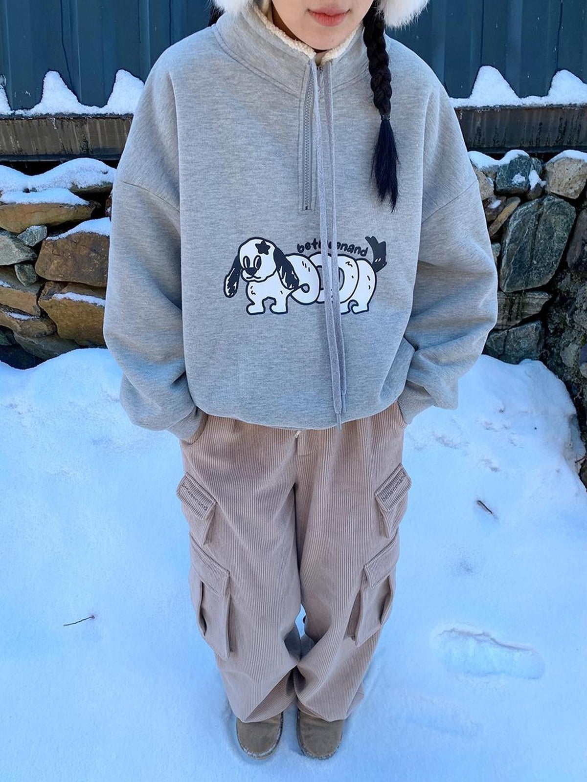 Gray Puppy Print Half Zip Stand Collar Women's Fleece Casual Jackets