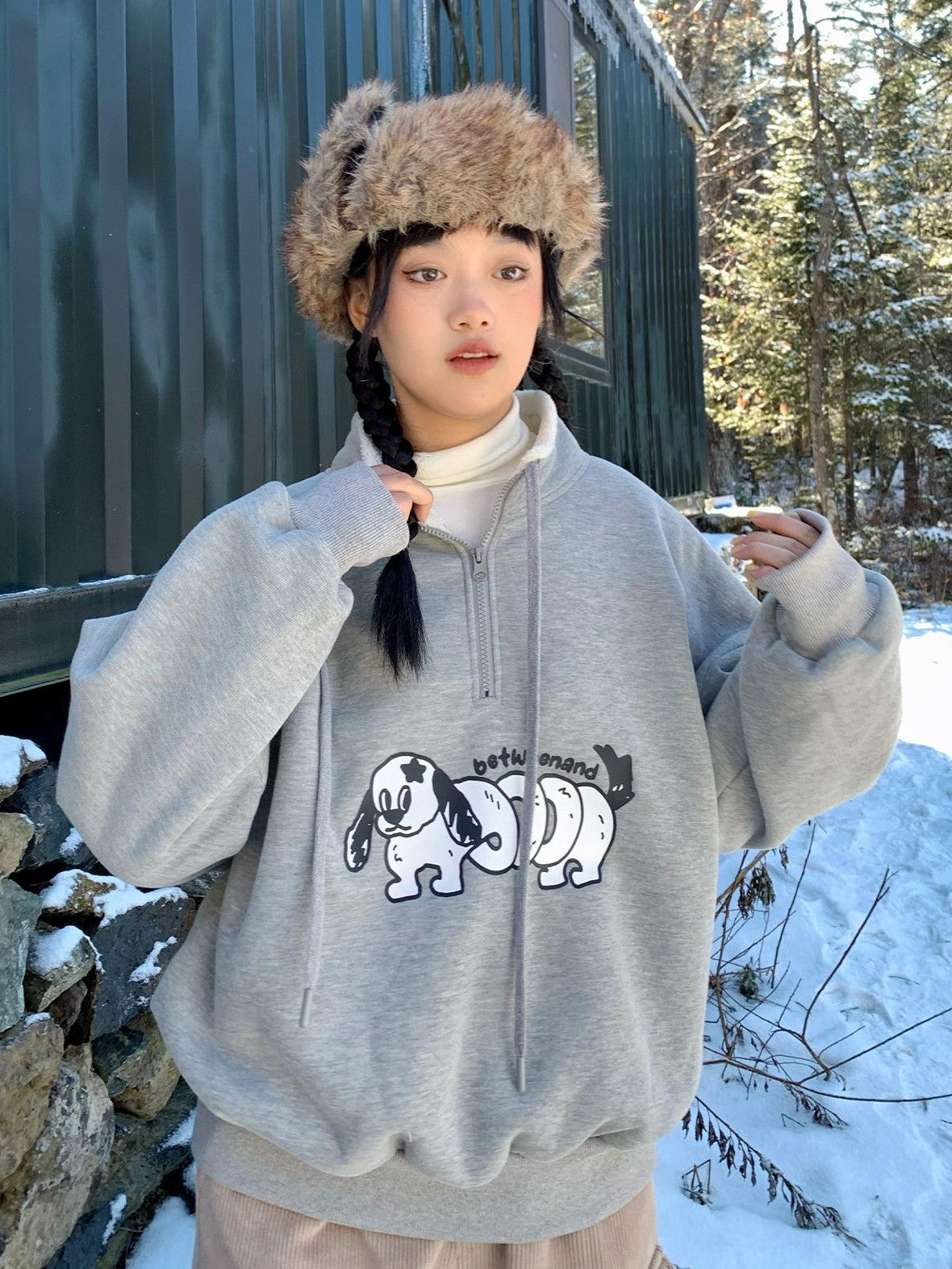 Gray Puppy Print Half Zip Stand Collar Women's Fleece Casual Jackets