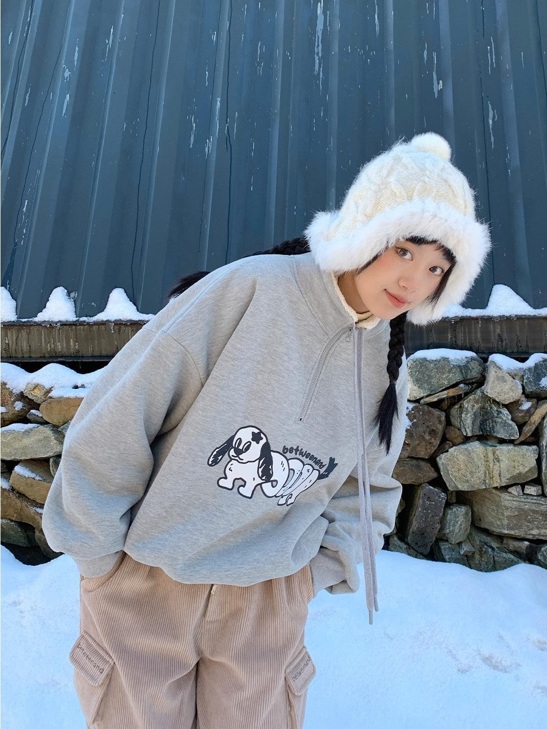 Gray Puppy Print Half Zip Stand Collar Women's Fleece Casual Jackets