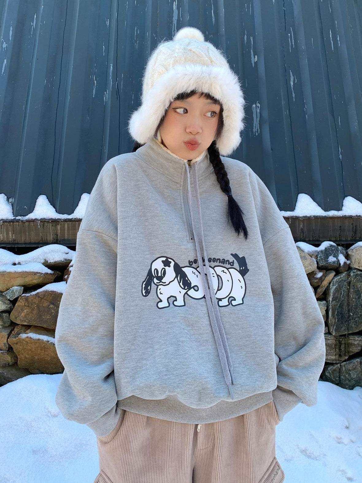 Gray Puppy Print Half Zip Stand Collar Women's Fleece Casual Jackets