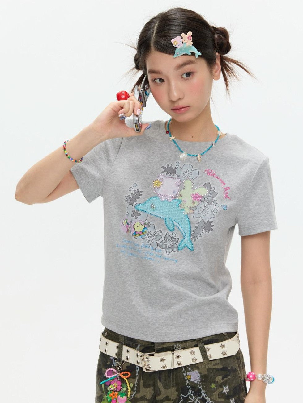 Gray Rhinestone Print Women's Cotton Viscose Spandex Short Sleeve T-shirts