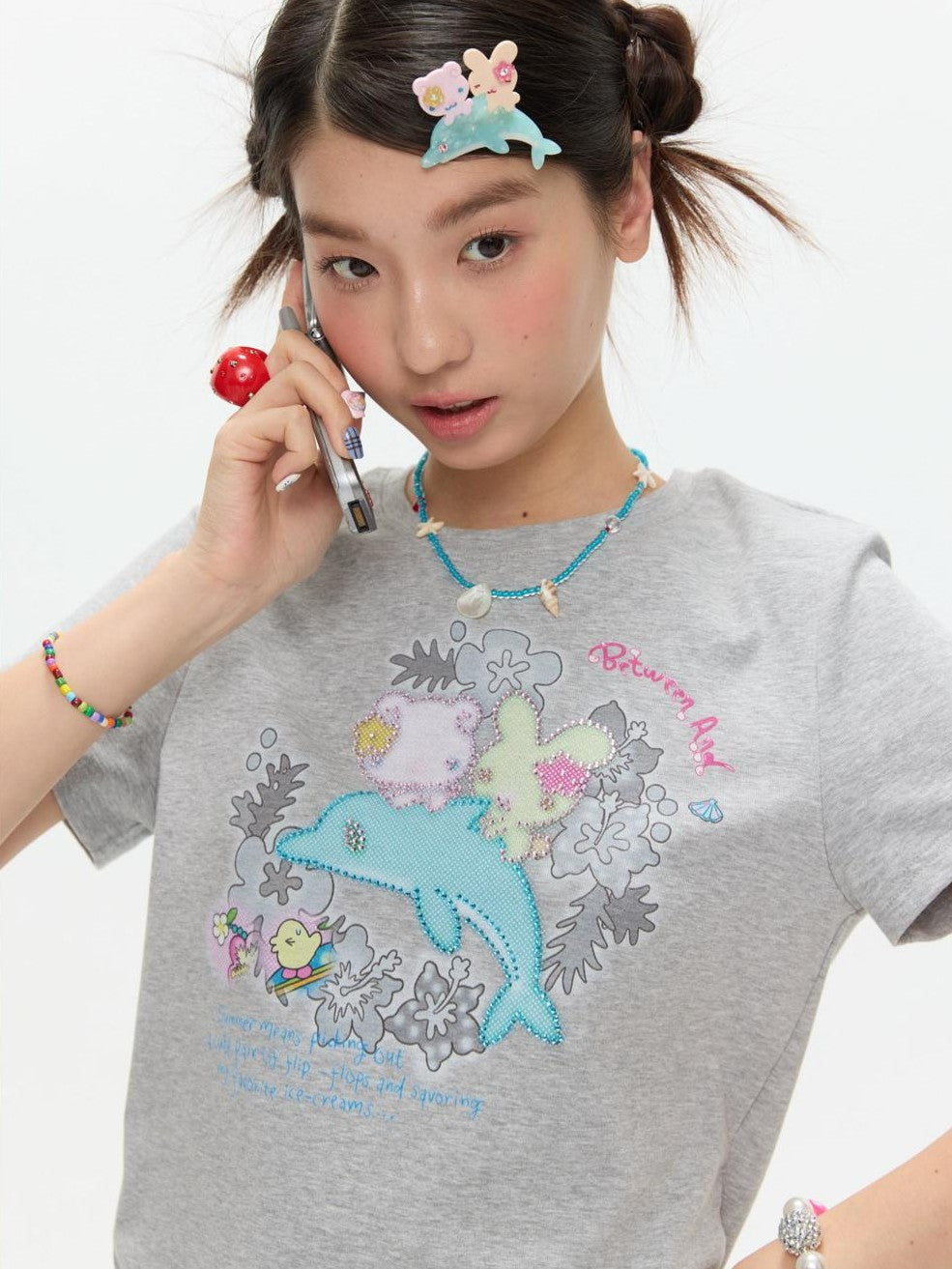 Gray Rhinestone Print Women's Cotton Viscose Spandex Short Sleeve T-shirts