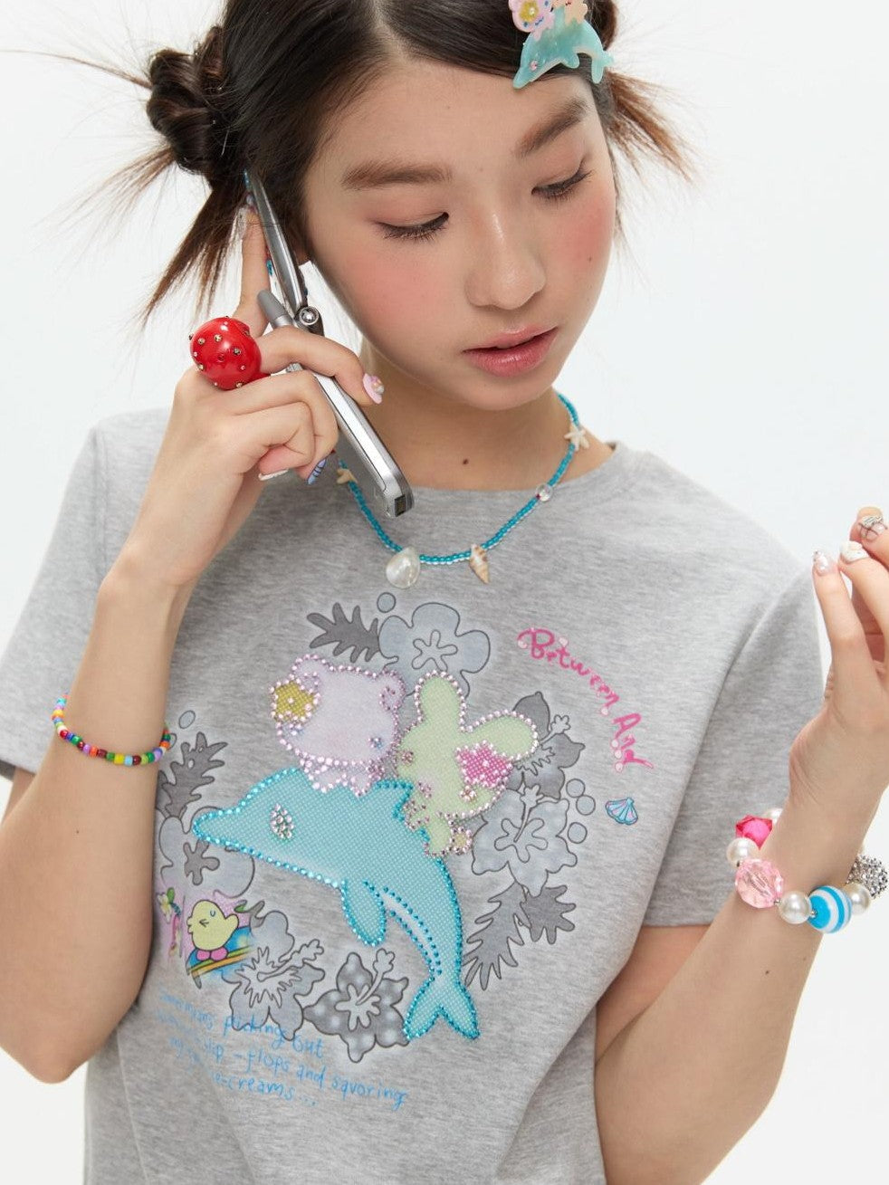 Gray Rhinestone Print Women's Cotton Viscose Spandex Short Sleeve T-shirts