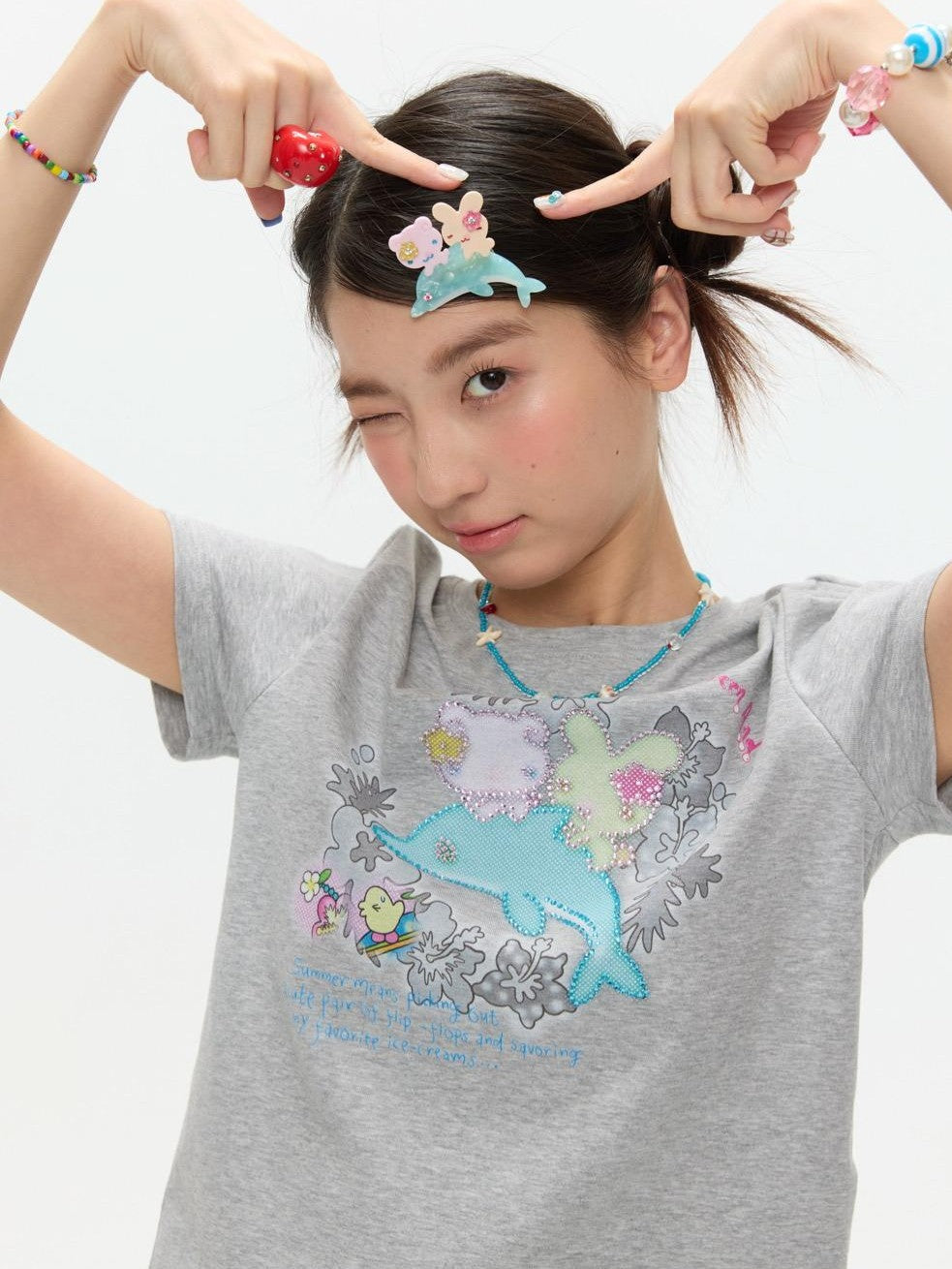 Gray Rhinestone Print Women's Cotton Viscose Spandex Short Sleeve T-shirts