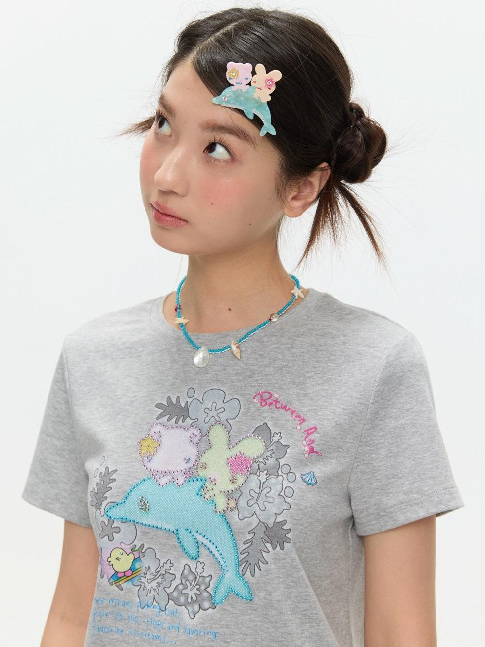 Gray Rhinestone Print Women's Cotton Viscose Spandex Short Sleeve T-shirts
