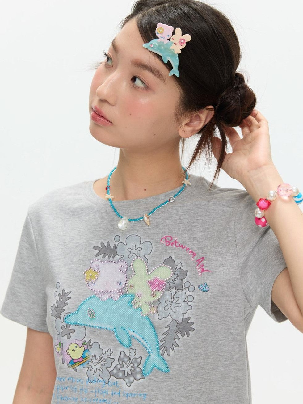 Gray Rhinestone Print Women's Cotton Viscose Spandex Short Sleeve T-shirts