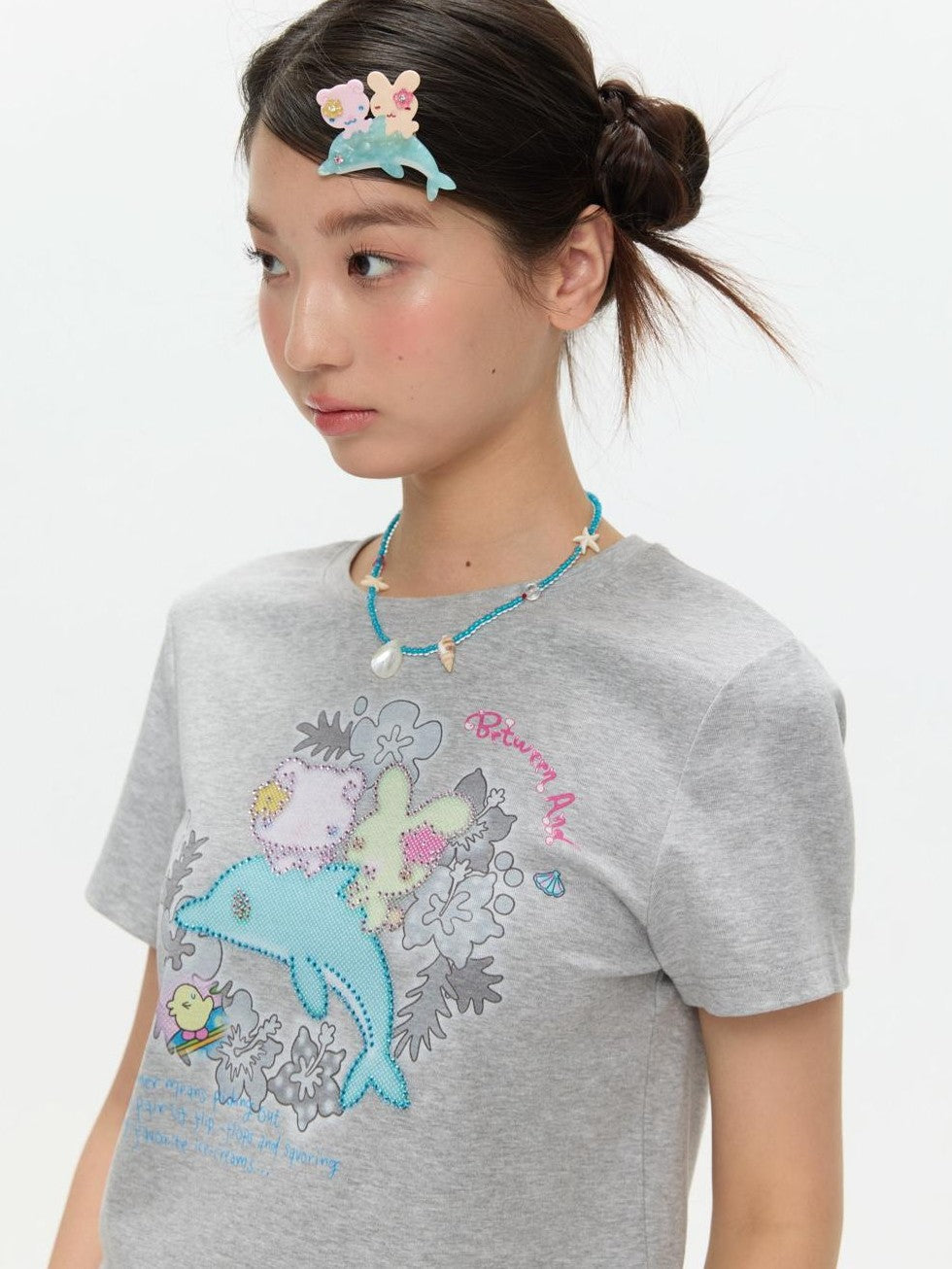 Gray Rhinestone Print Women's Cotton Viscose Spandex Short Sleeve T-shirts