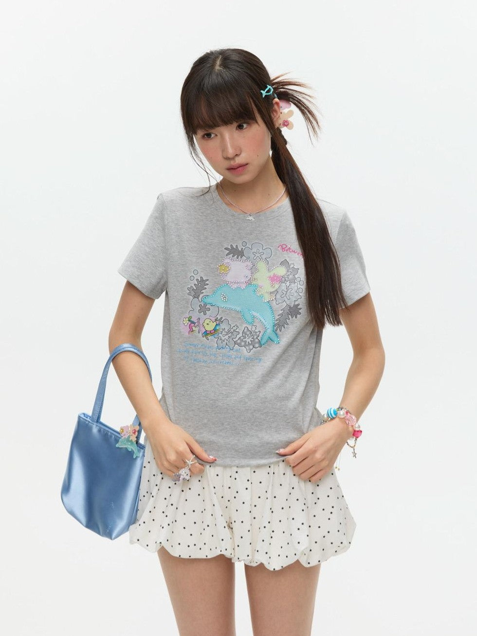 Gray Rhinestone Print Women's Cotton Viscose Spandex Short Sleeve T-shirts