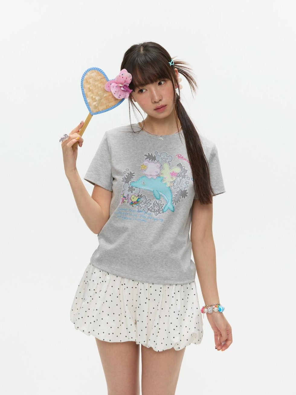 Gray Rhinestone Print Women's Cotton Viscose Spandex Short Sleeve T-shirts
