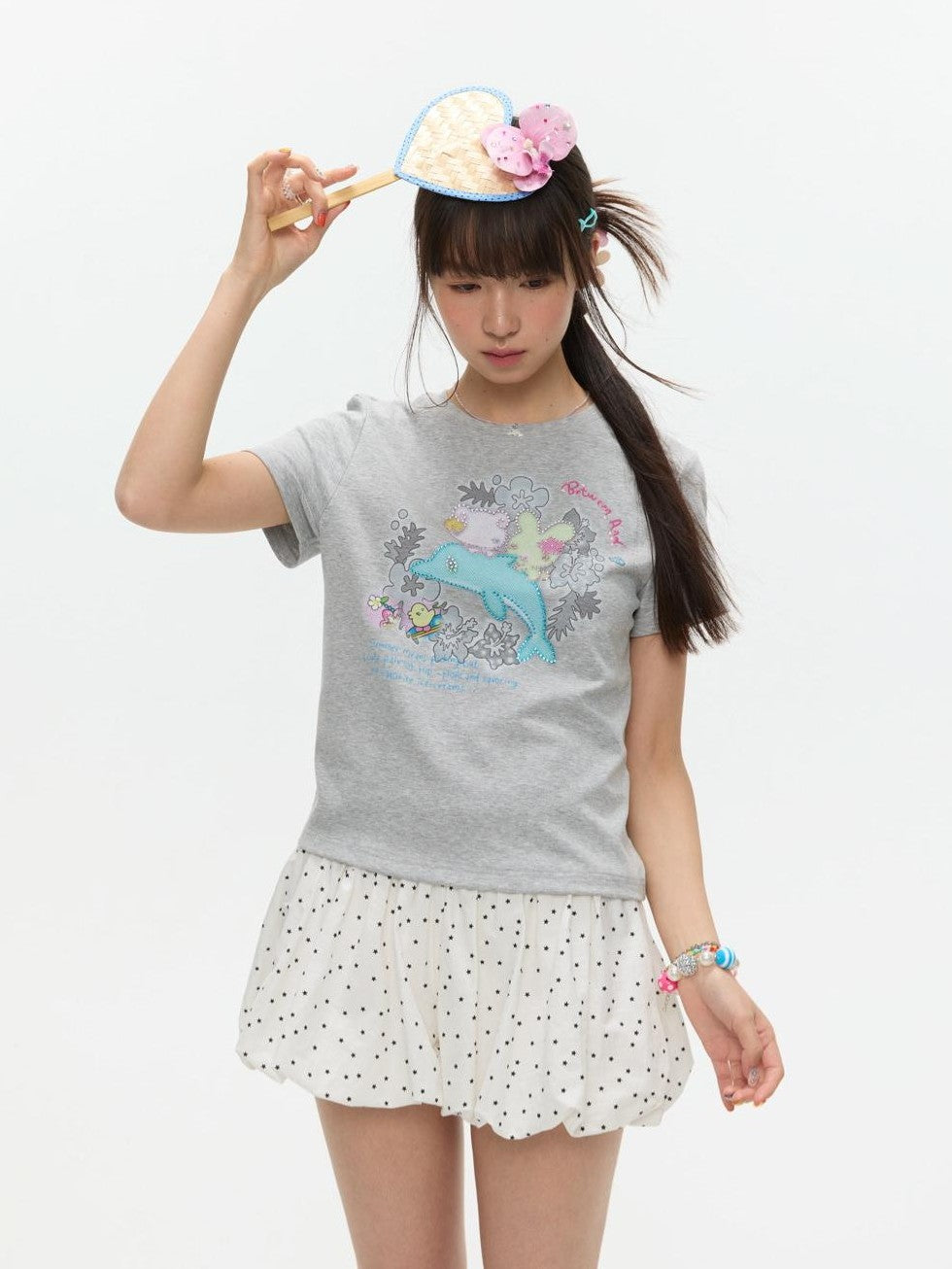 Gray Rhinestone Print Women's Cotton Viscose Spandex Short Sleeve T-shirts
