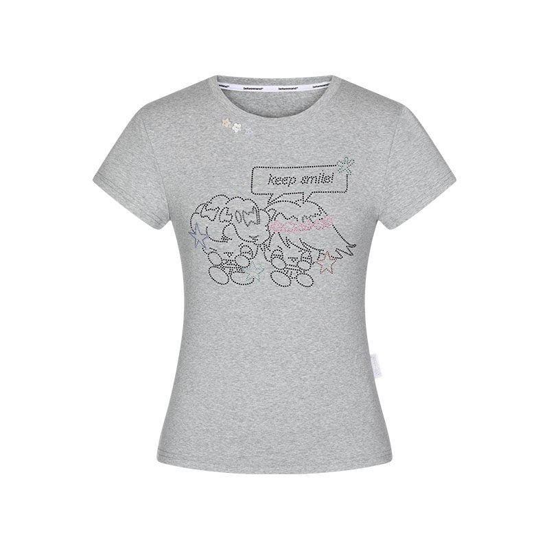 Gray Rhinestone Smile Cropped Women's Cotton Short Sleeve T-shirts