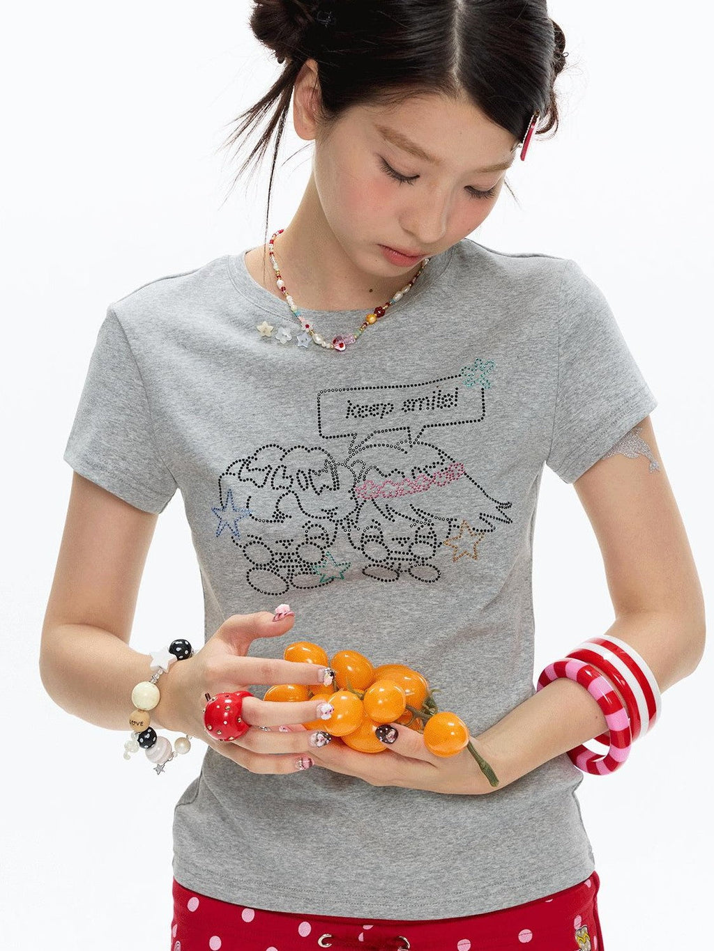 Gray Rhinestone Smile Cropped Women's Cotton Short Sleeve T-shirts