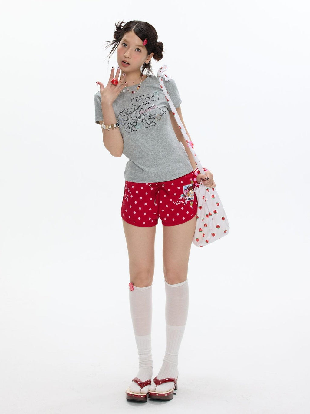 Gray Rhinestone Smile Cropped Women's Cotton Short Sleeve T-shirts