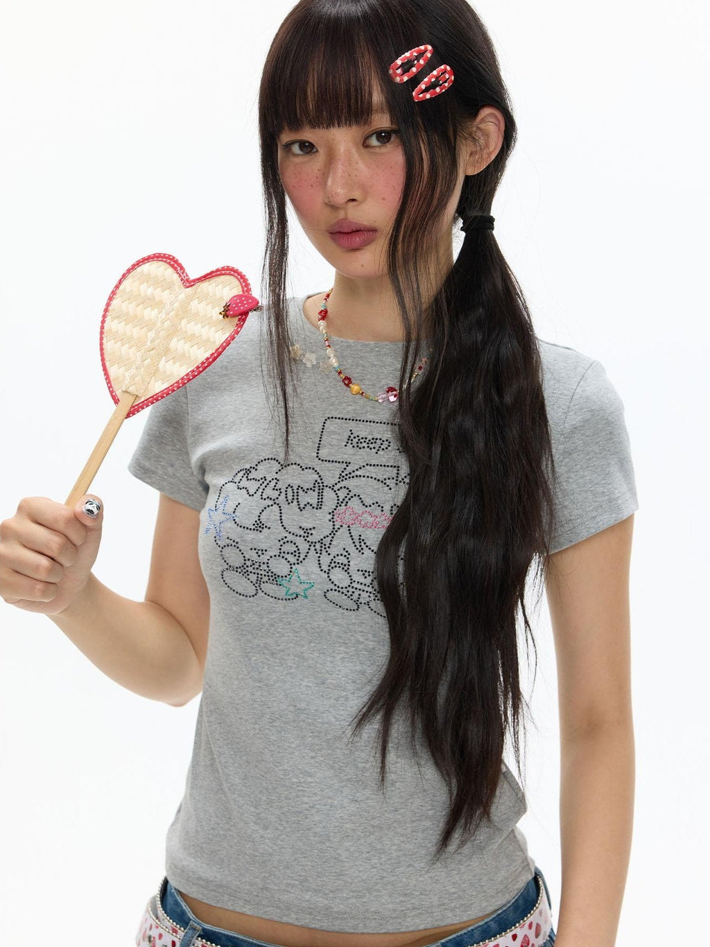 Gray Rhinestone Smile Cropped Women's Cotton Short Sleeve T-shirts