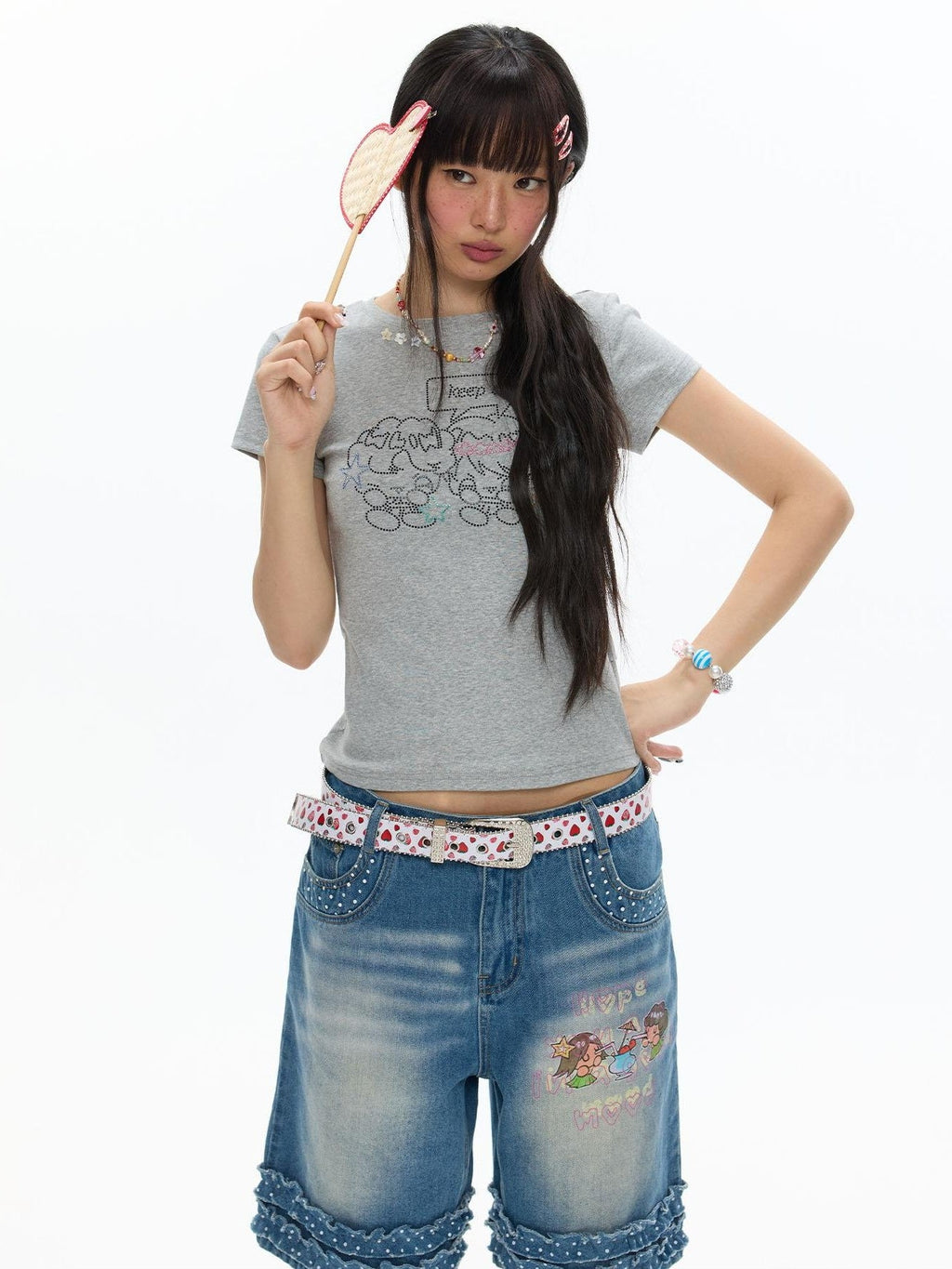 Gray Rhinestone Smile Cropped Women's Cotton Short Sleeve T-shirts