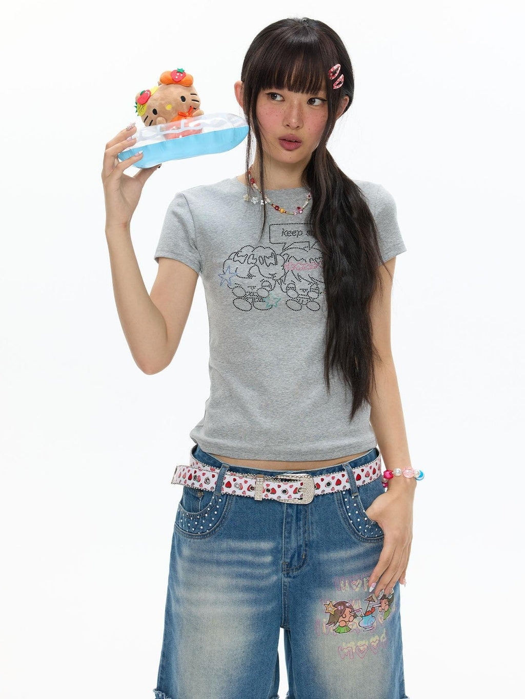 Gray Rhinestone Smile Cropped Women's Cotton Short Sleeve T-shirts