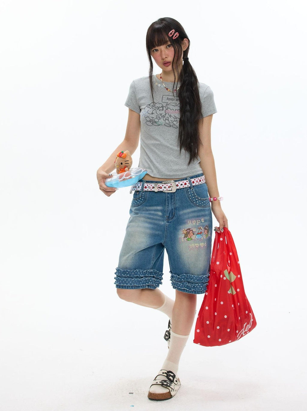 Gray Rhinestone Smile Cropped Women's Cotton Short Sleeve T-shirts