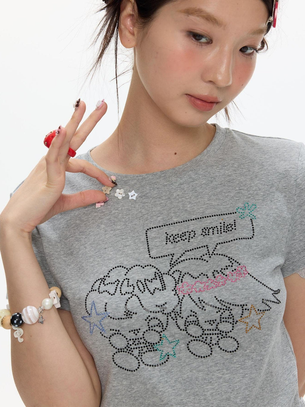 Gray Rhinestone Smile Cropped Women's Cotton Short Sleeve T-shirts