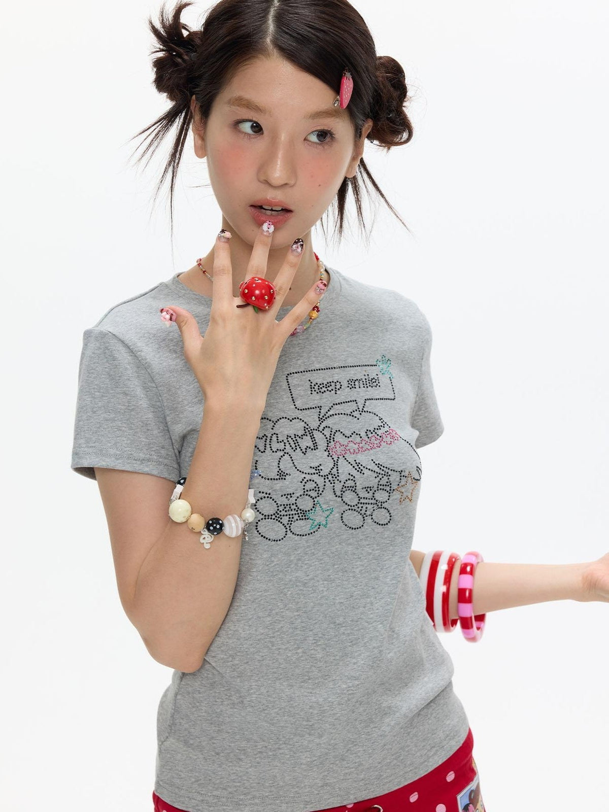Gray Rhinestone Smile Cropped Women's Cotton Short Sleeve T-shirts