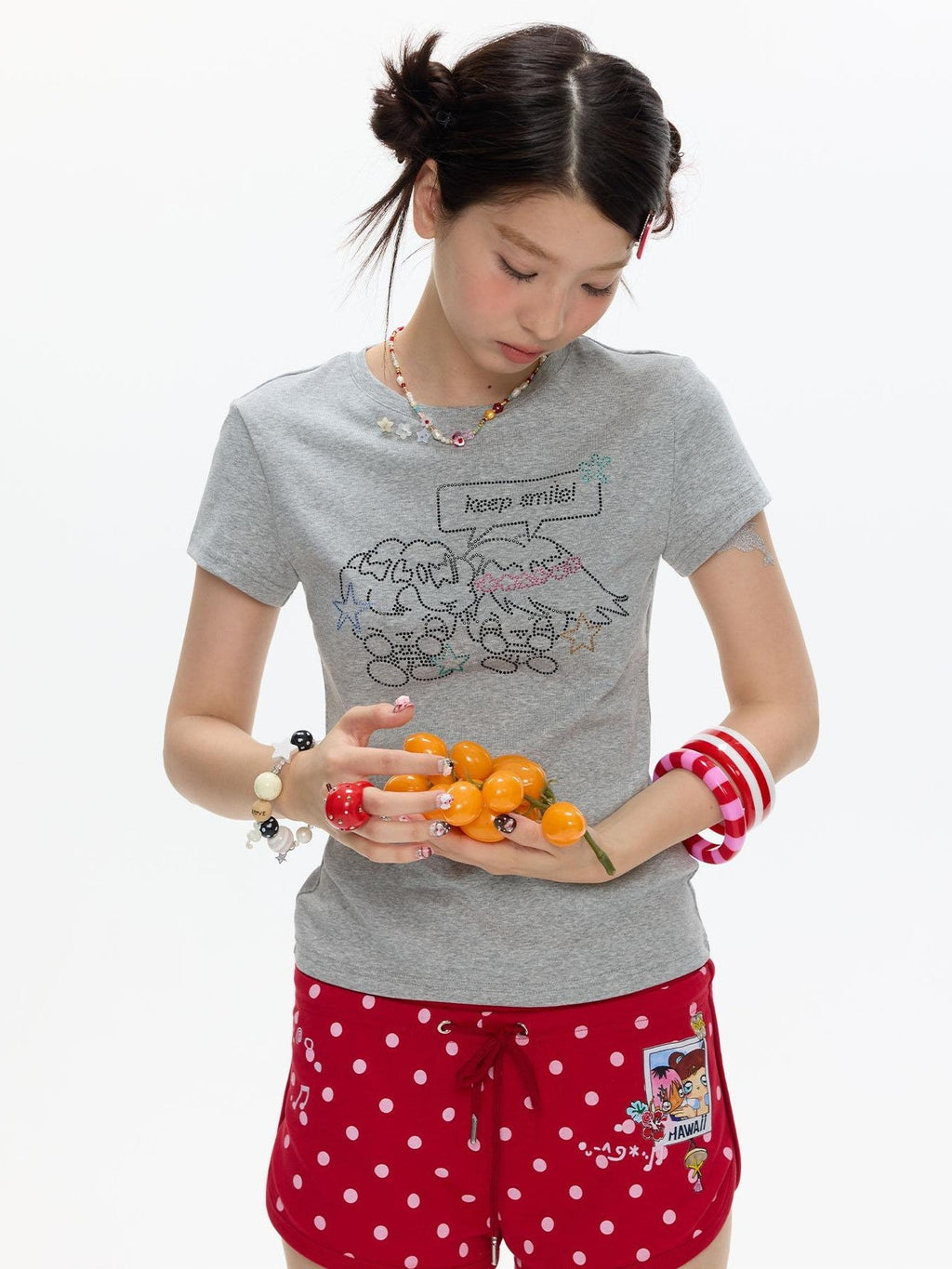 Gray Rhinestone Smile Cropped Women's Cotton Short Sleeve T-shirts