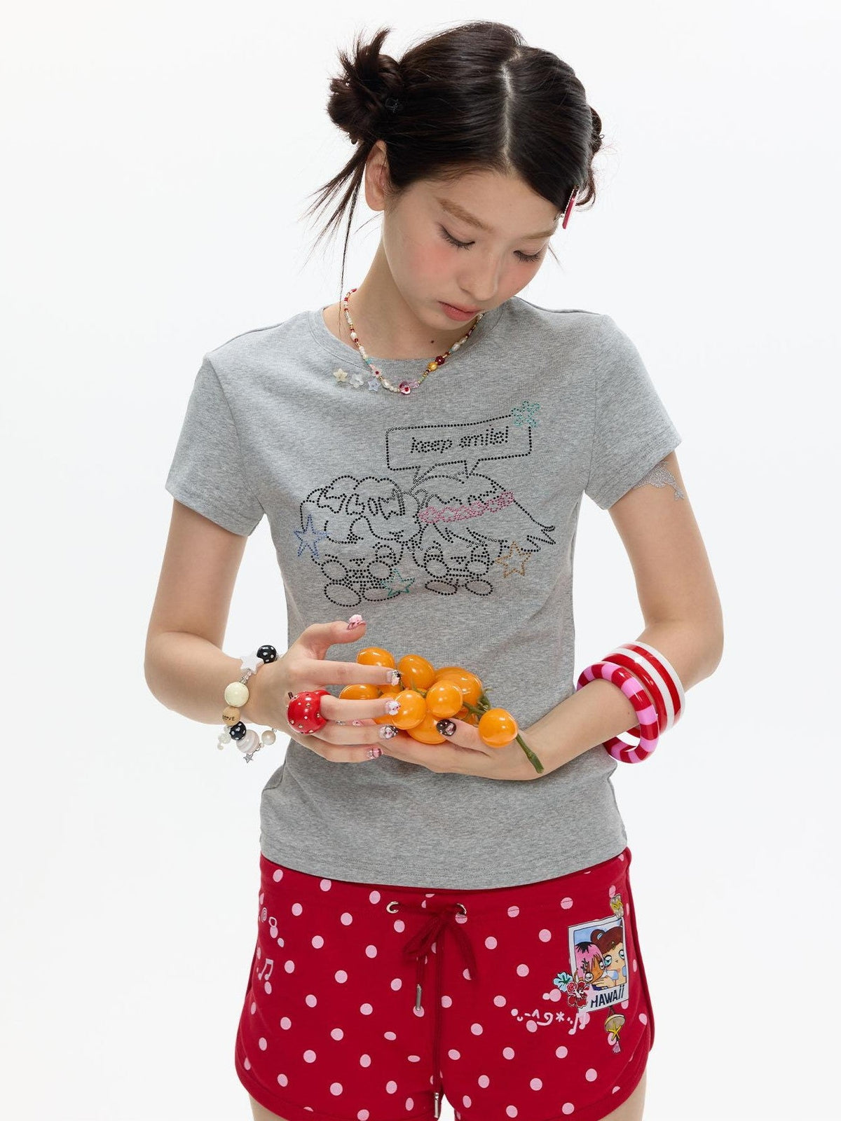 Gray Rhinestone Smile Cropped Women's Cotton Short Sleeve T-shirts