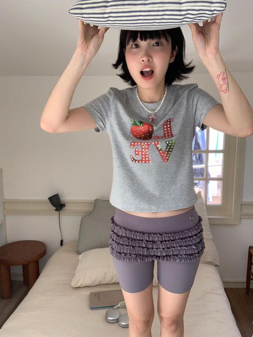 Gray Strawberry Bead Heart Women's Viscose Cotton Short Sleeve T-shirts