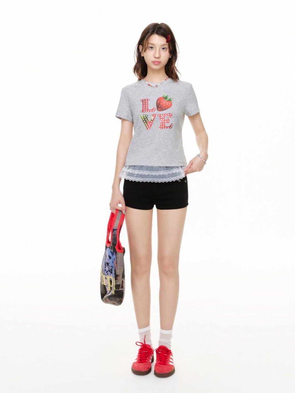 Gray Strawberry Bead Heart Women's Viscose Cotton Short Sleeve T-shirts