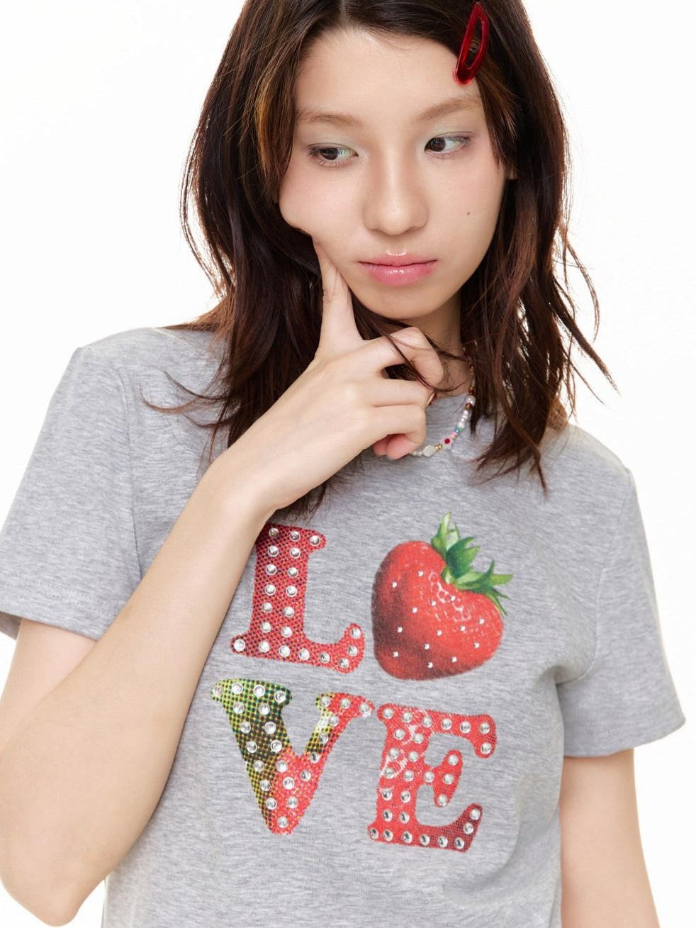 Gray Strawberry Bead Heart Women's Viscose Cotton Short Sleeve T-shirts