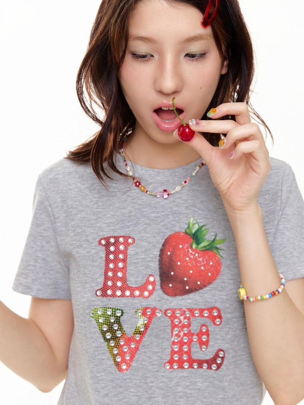 Gray Strawberry Bead Heart Women's Viscose Cotton Short Sleeve T-shirts