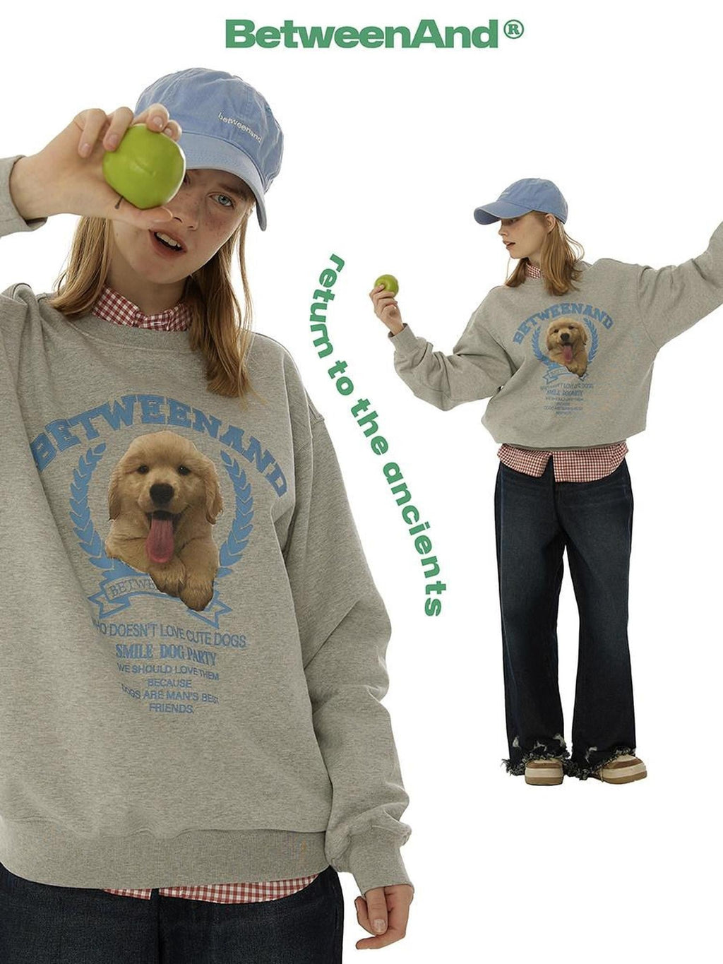 Gray Tongue Out Puppy Motif Loose Fit Women's Cotton Blend Sweatshirts