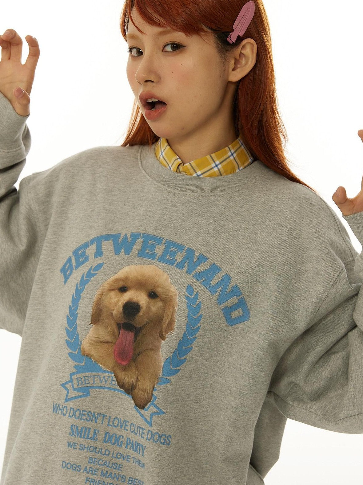 Gray Tongue Out Puppy Motif Loose Fit Women's Cotton Blend Sweatshirts