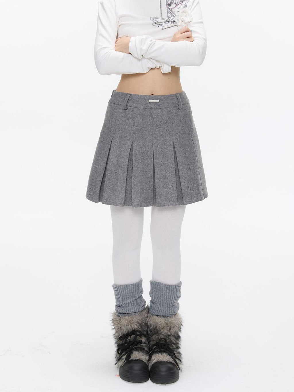 Gray Tweed Reversible Pleated High Waist Wing Rhinestone Women's Mini Skirts