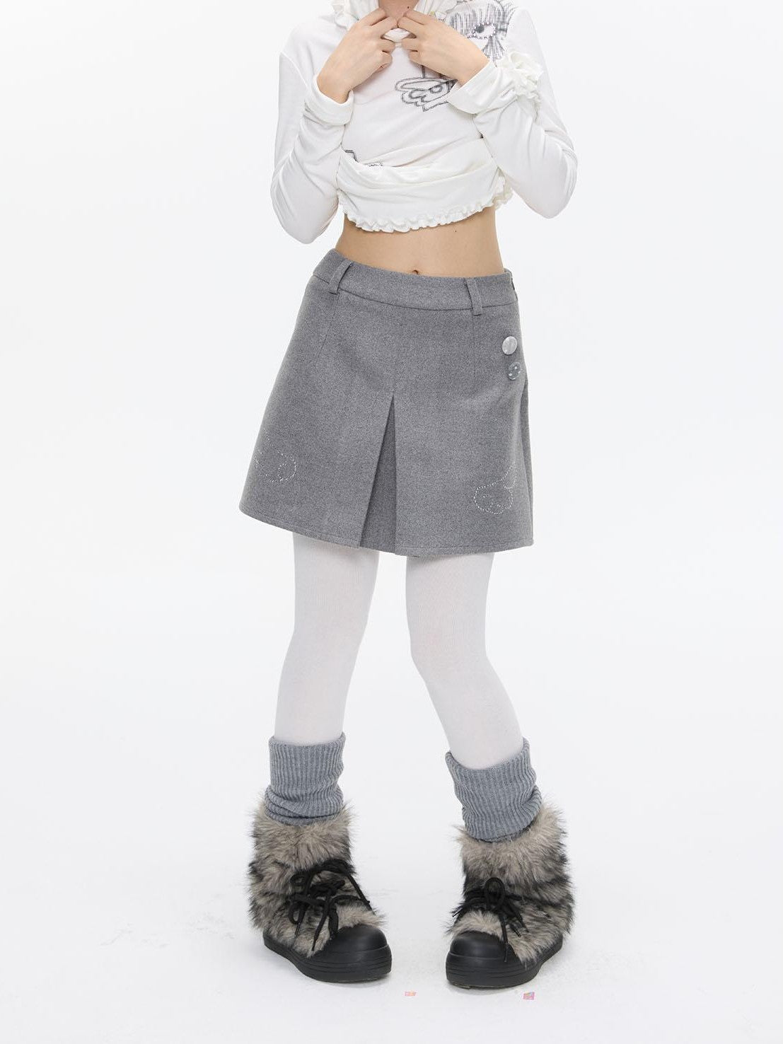 Gray Tweed Reversible Pleated High Waist Wing Rhinestone Women's Mini Skirts