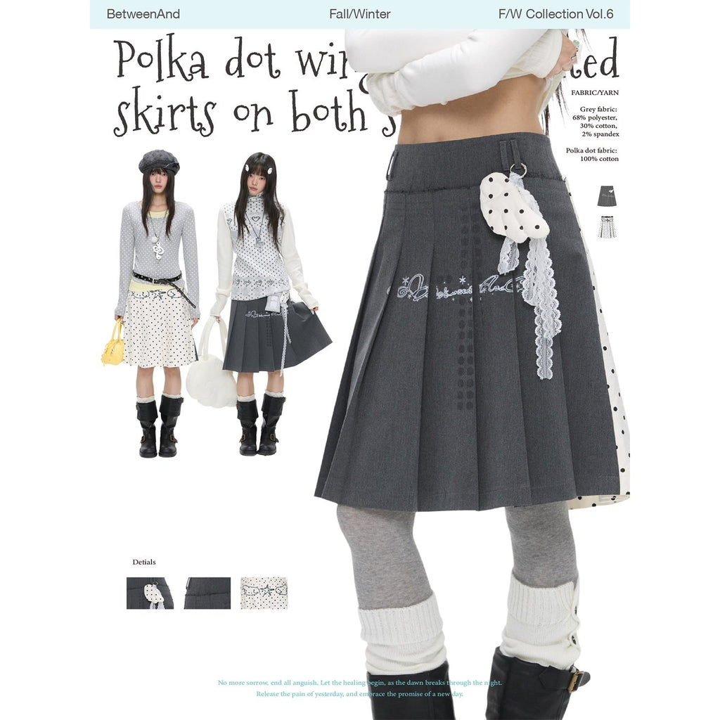 Gray White Polka Dot Spliced Reversible High Waist Pleated Women's Midi Skirts