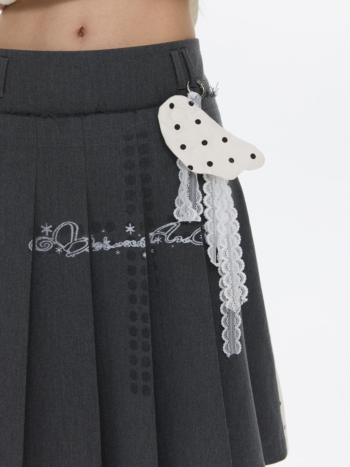 Gray White Polka Dot Spliced Reversible High Waist Pleated Women's Midi Skirts