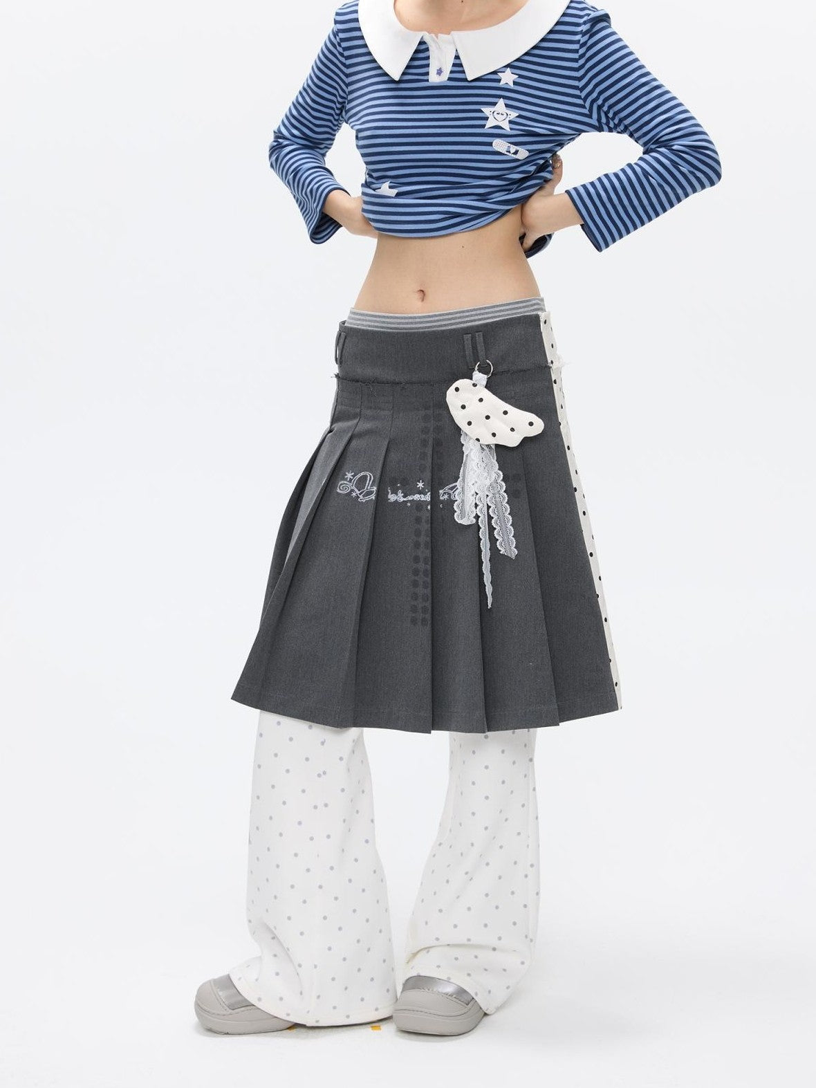 Gray White Polka Dot Spliced Reversible High Waist Pleated Women's Midi Skirts