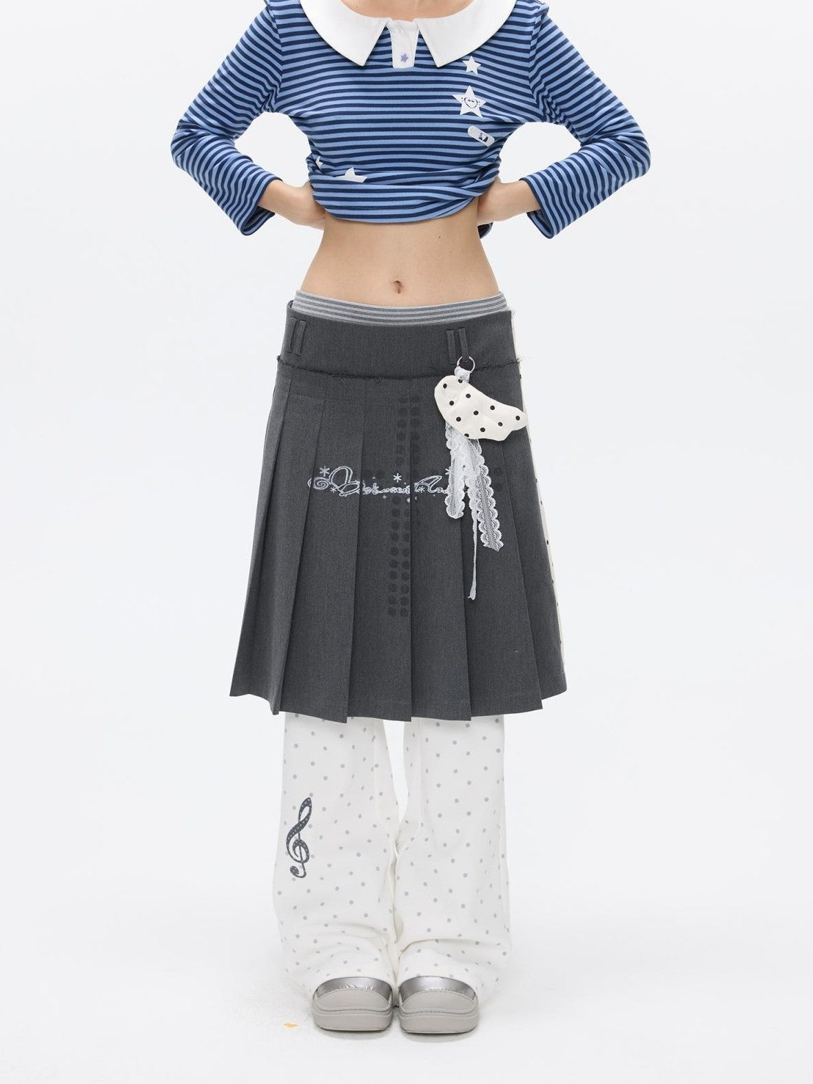 Gray White Polka Dot Spliced Reversible High Waist Pleated Women's Midi Skirts