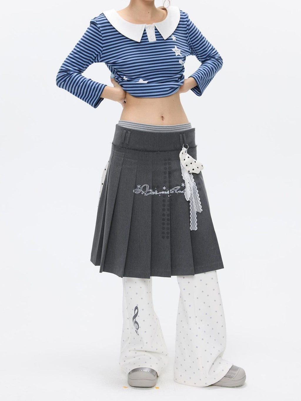 Gray White Polka Dot Spliced Reversible High Waist Pleated Women's Midi Skirts