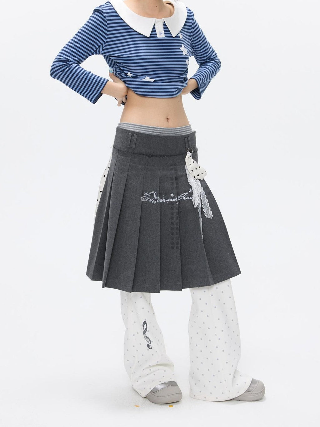 Gray White Polka Dot Spliced Reversible High Waist Pleated Women's Midi Skirts