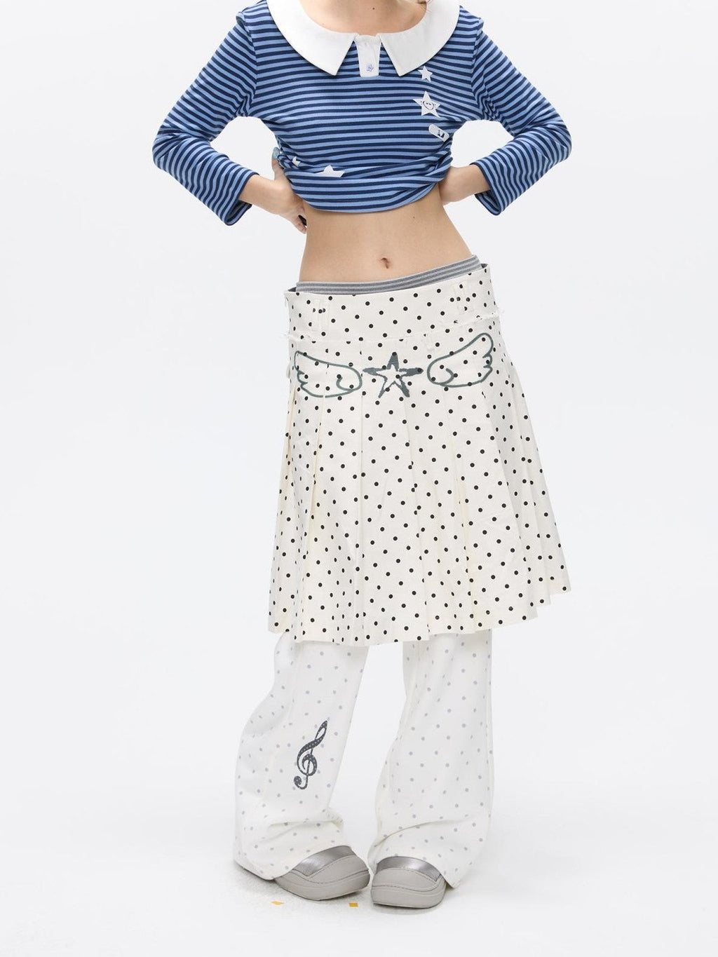 Gray White Polka Dot Spliced Reversible High Waist Pleated Women's Midi Skirts