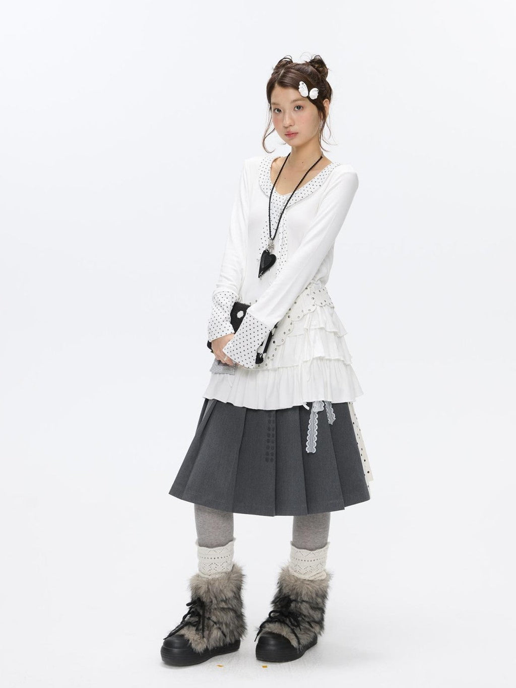 Gray White Polka Dot Spliced Reversible High Waist Pleated Women's Midi Skirts