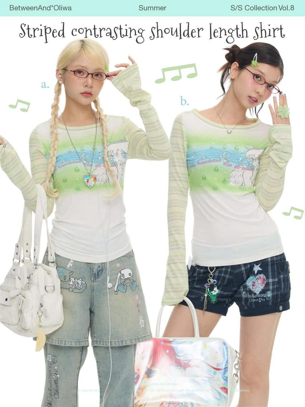 Green Musical Note Contrast Stripe Ombre Raglan Women's Long Sleeve T-shirts