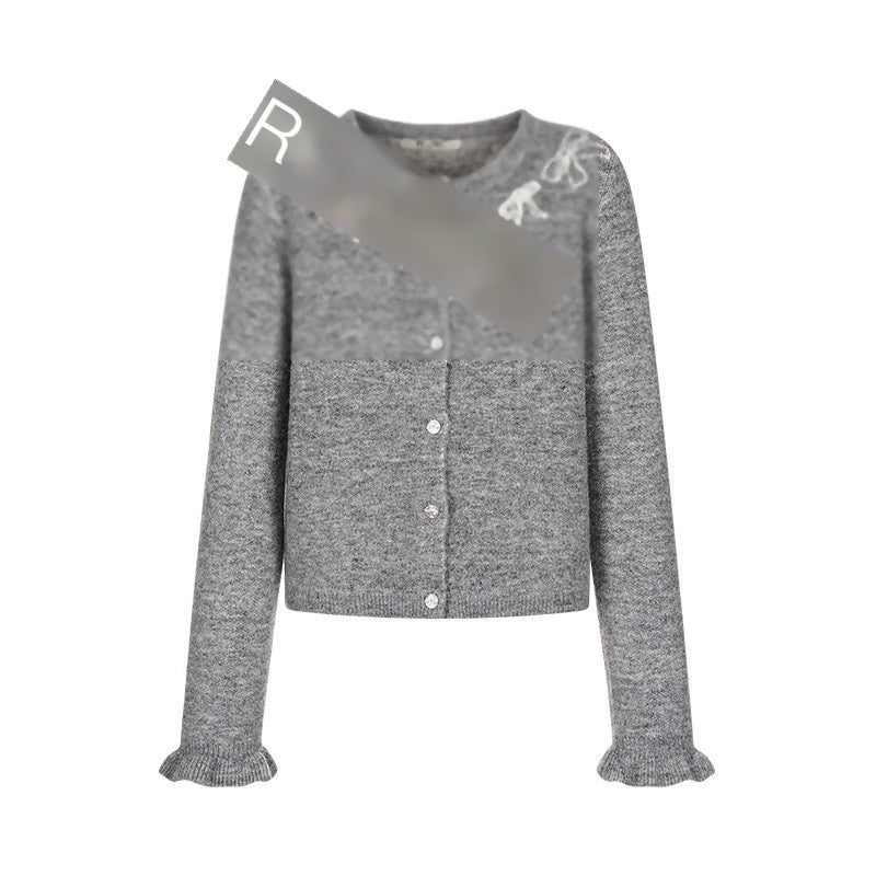 Grey Crewneck Embroidered Bow Animal Motif Women's Acrylic Blend Cardigans